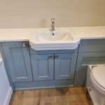 white and blue bathroom counter and storage